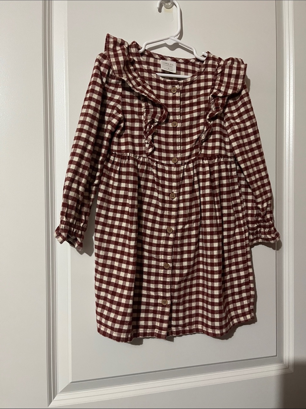 Girls Burgundy and Cream Gingham Ruffle-Trim Button Dress